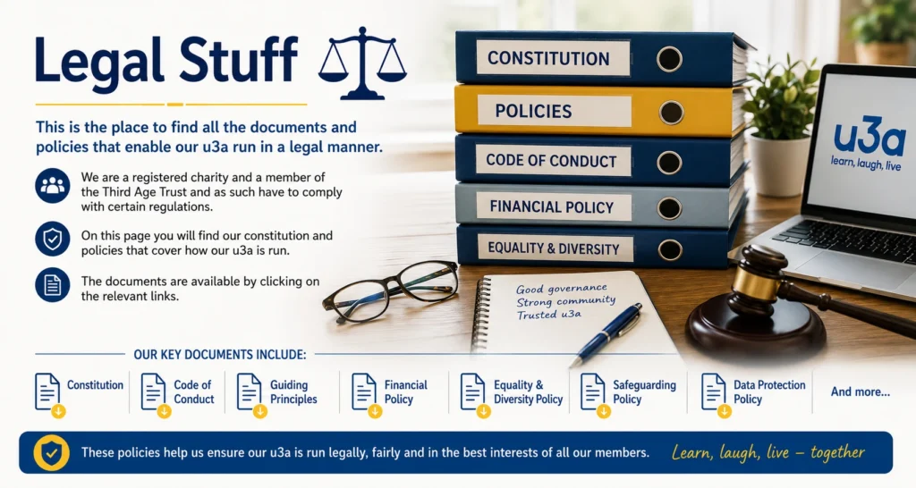 Epsom & Ewell u3a Legal Stuff page providing access to the organisation’s constitution, code of conduct, financial, safeguarding, equality, diversity and data protection policies, supporting good governance as a registered charity.