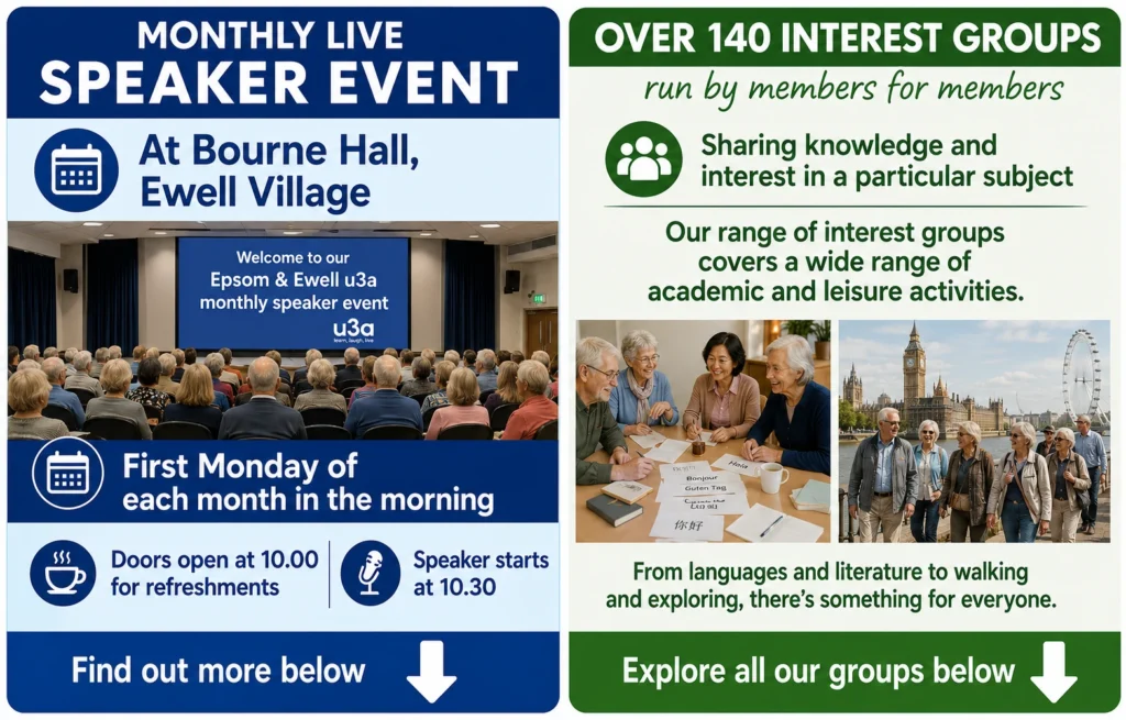 Epsom & Ewell u3a promotes its monthly speaker event at Bourne Hall, Ewell Village, alongside more than 140 member-led interest groups covering academic, creative, cultural, and leisure activities.