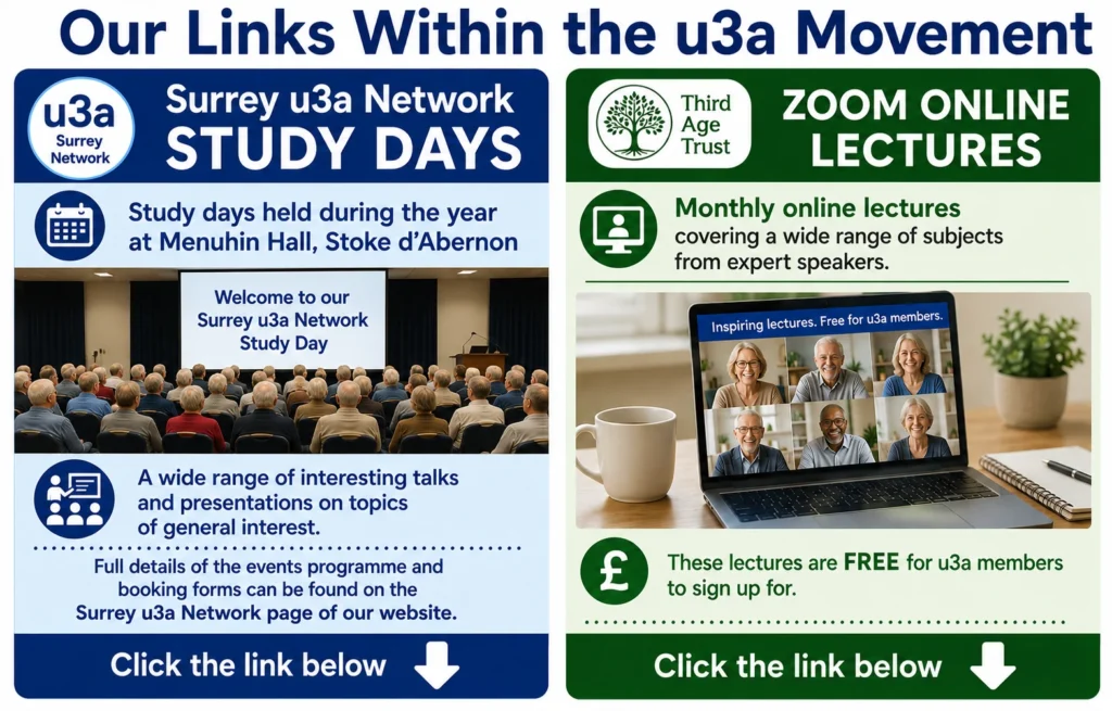 Epsom & Ewell u3a information about Surrey u3a Network Study Days held at Menuhin Hall and free Third Age Trust Zoom lectures, offering educational talks, presentations, and online learning for u3a members.
