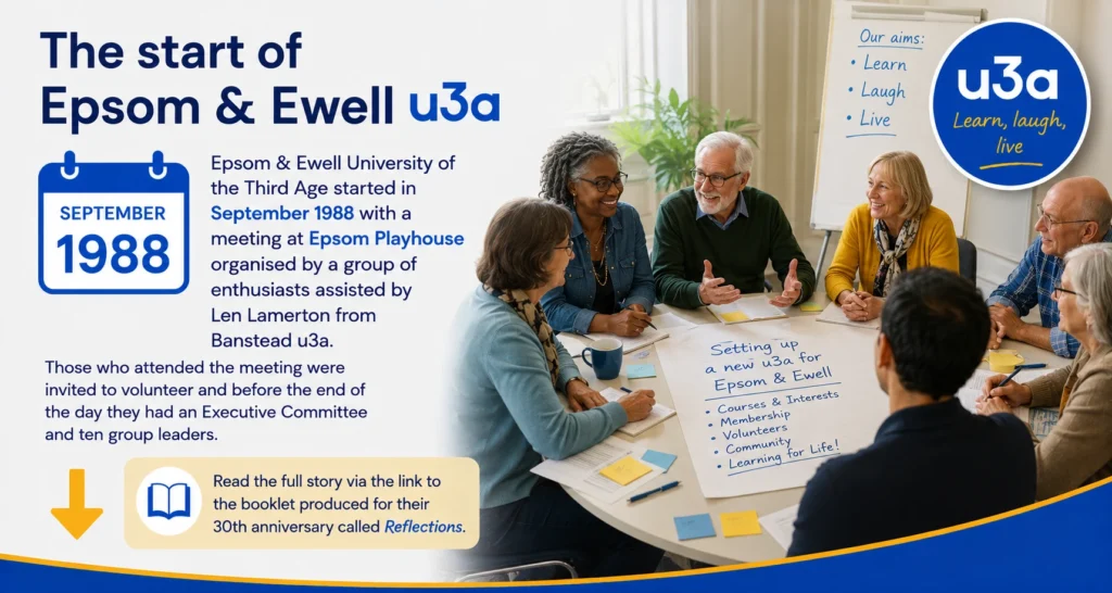 History of Epsom & Ewell u3a describing its founding in September 1988 at Epsom Playhouse, with volunteers planning the organisation and information about its early committee, leadership, and community development.