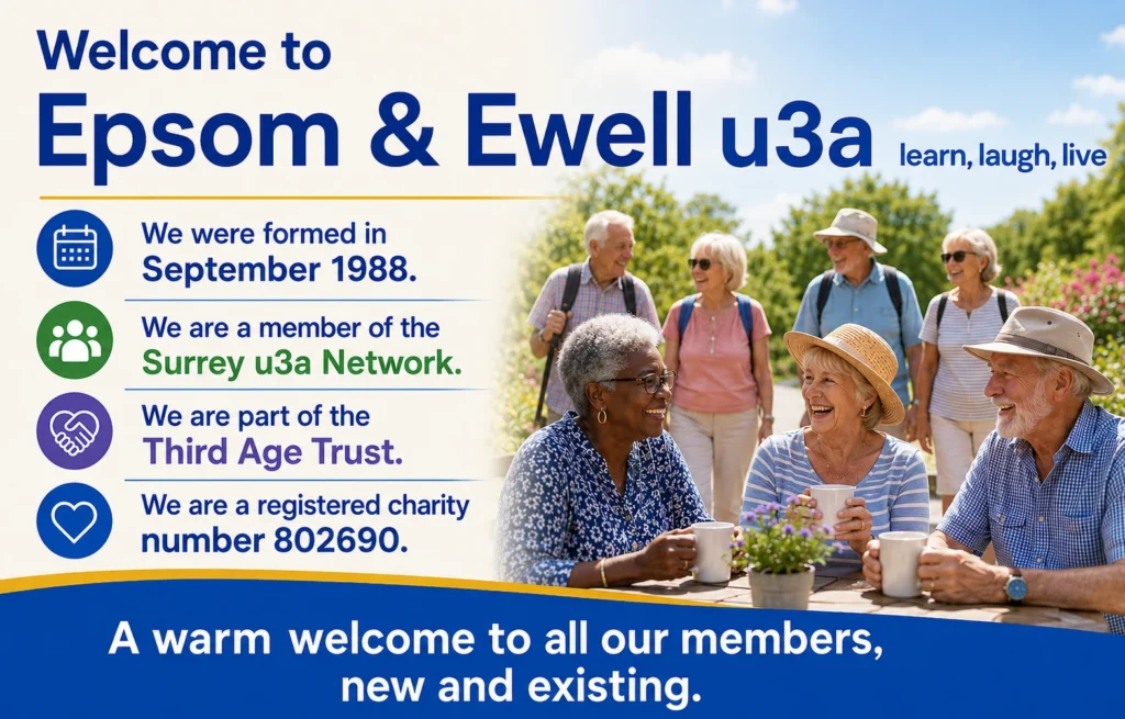 Welcome to Epsom & Ewell u3a banner introducing the organisation, established in 1988, a member of the Surrey u3a Network and Third Age Trust, welcoming new and existing members to learn, laugh, and live.