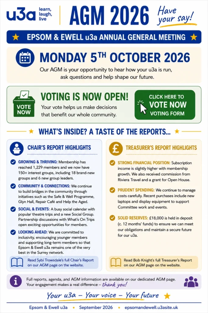 “Epsom & Ewell u3a AGM 2026 notice for Monday 5 October, announcing that voting is now open and highlighting key points from the Chair’s and Treasurer’s reports, with a link area for the online voting form.”