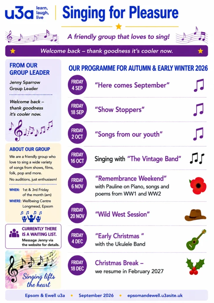 “Epsom & Ewell u3a Singing for Pleasure autumn and early winter 2026 programme, with themed singing sessions from September to December. The group meets on the first and third Friday mornings at the Wellbeing Centre, Longmead, Epsom, and currently has a waiting list.”