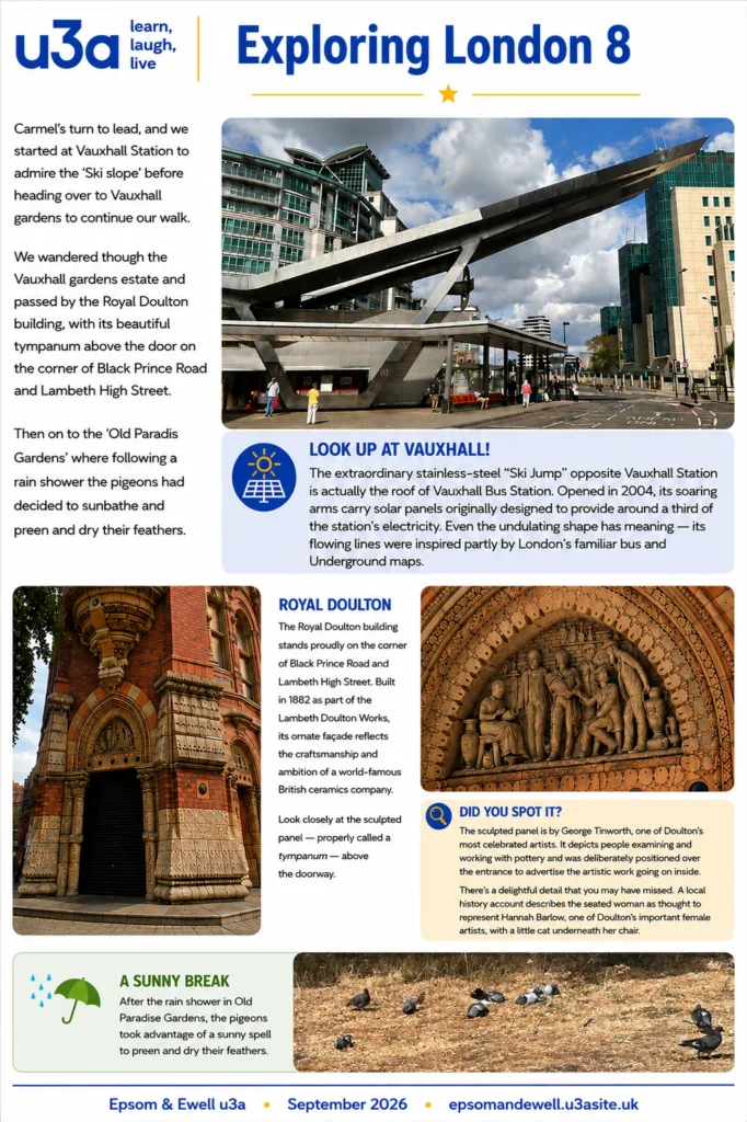 “Exploring London 8 newsletter report from Epsom & Ewell u3a, featuring the Vauxhall Bus Station ‘Ski Jump’, the Royal Doulton building and its George Tinworth tympanum, and pigeons resting and preening in Old Paradise Gardens after a rain shower.”