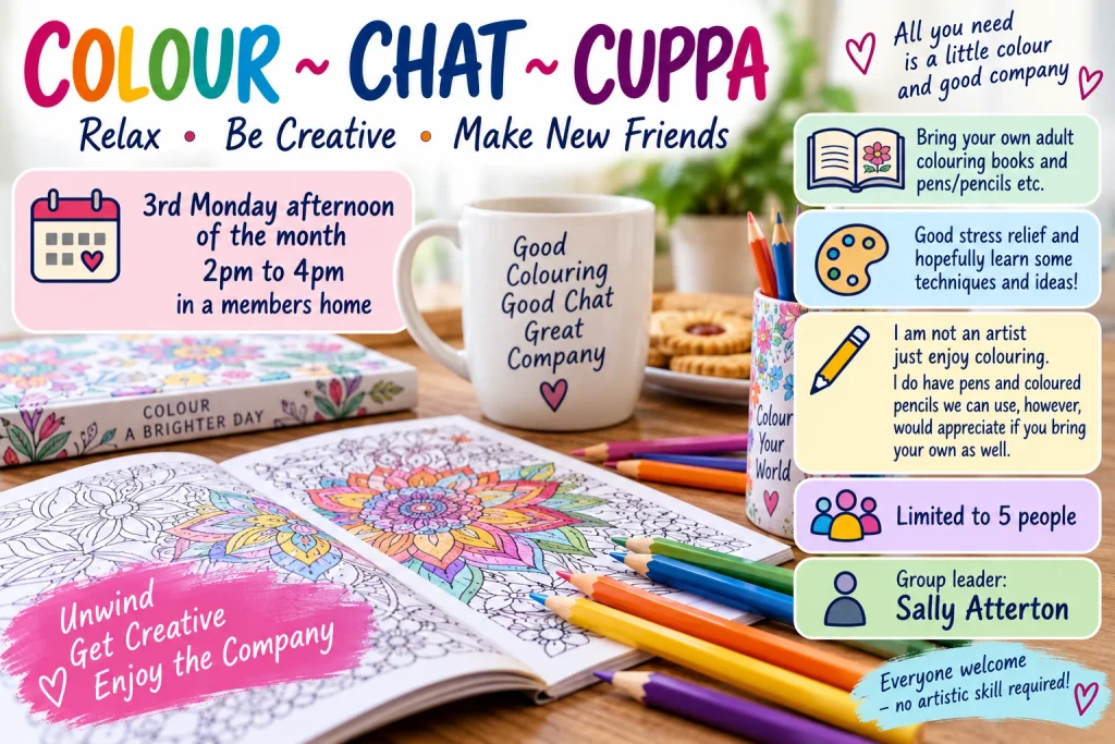 “Colour Chat Cuppa group at Epsom & Ewell u3a, a relaxed adult colouring and social group meeting on the third Monday afternoon each month.”