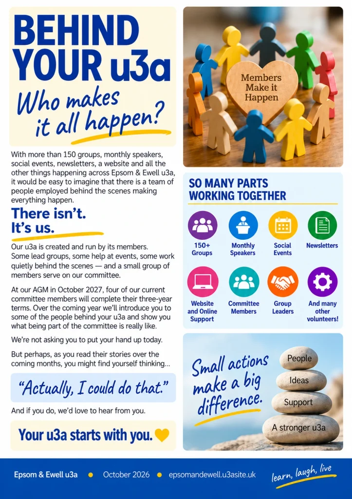 Epsom & Ewell u3a October 2026 newsletter page, Behind Your u3a, introducing the member-led organisation and encouraging members to consider future committee involvement