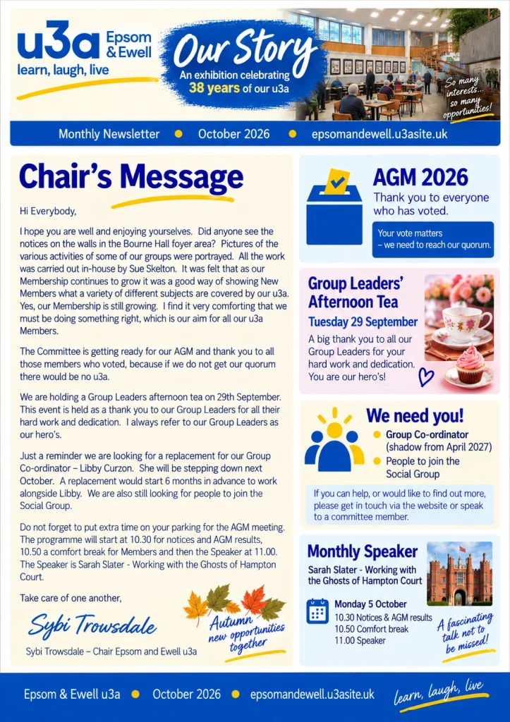 October 2026 Epsom & Ewell u3a newsletter Chair’s Message featuring the Our Story exhibition at Bourne Hall, AGM information and forthcoming events