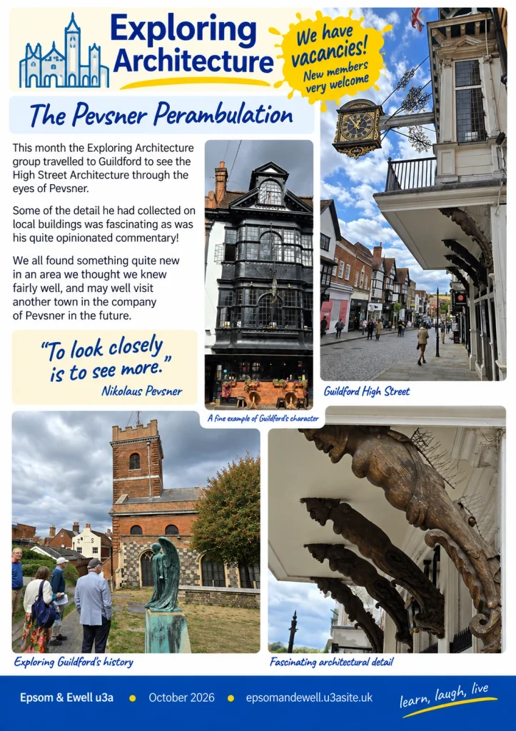 Epsom & Ewell u3a October 2026 Exploring Architecture newsletter page featuring the Pevsner Perambulation through Guildford High Street, with photographs of historic buildings and architectural details