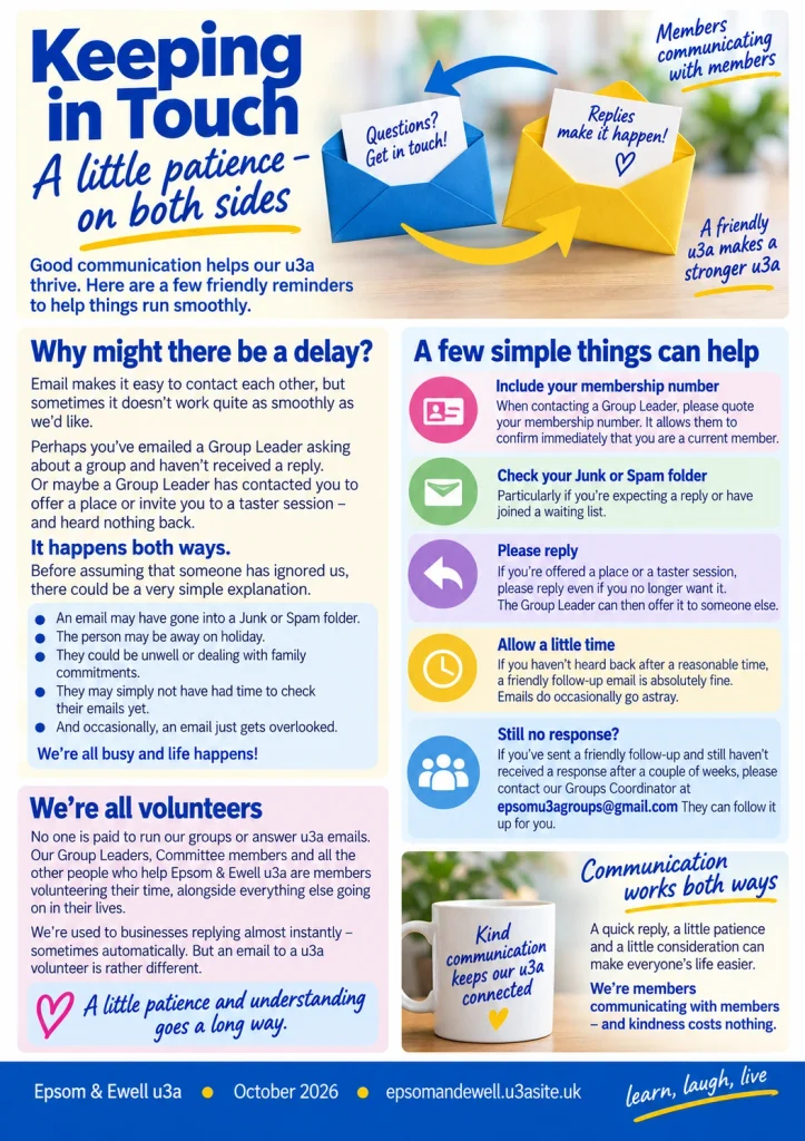 Epsom & Ewell u3a October 2026 newsletter page titled ‘Keeping in Touch – A little patience on both sides’, with friendly guidance about email communication between members, Group Leaders and other u3a volunteers.”