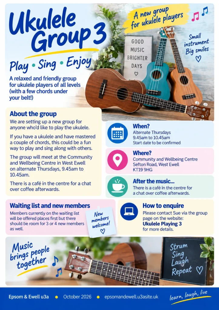 Epsom & Ewell u3a October 2026 newsletter page announcing the new Ukulele Playing 3 group, meeting on alternate Thursday mornings at the Community and Wellbeing Centre in West Ewell, with a few places available for new members.