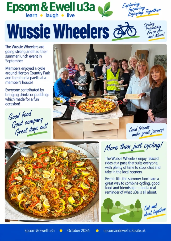 Epsom & Ewell u3a Wussie Wheelers enjoying their September summer lunch after cycling around Horton Country Park, with members gathered around a homemade paella.”