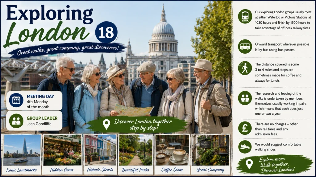“Exploring London 18 group at Epsom & Ewell u3a, meeting on the fourth Monday of the month for walks discovering London’s landmarks, history, parks and hidden gems.”