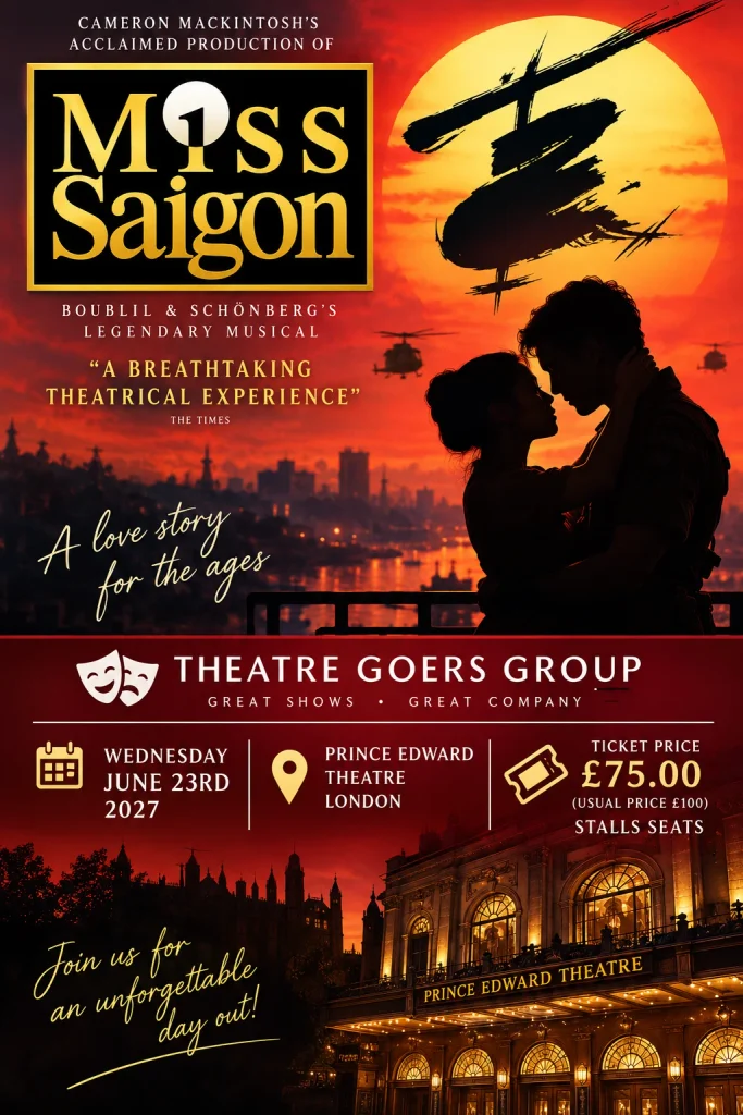 “Miss Saigon at the Prince Edward Theatre, Theatre Goers Group outing on Wednesday 23 June 2027, Stalls seats £75, usual price £100.”