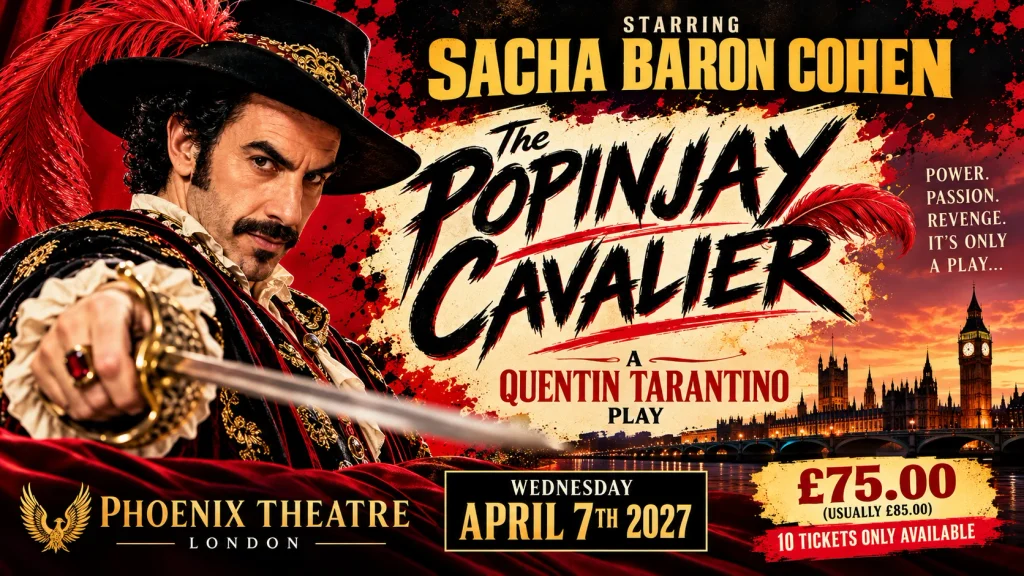 The Popinjay Cavalier starring Sacha Baron Cohen, Phoenix Theatre London, Wednesday 7 April 2027. Epsom & Ewell u3a Theatre Goers tickets £75, usually £85. Only 10 available.